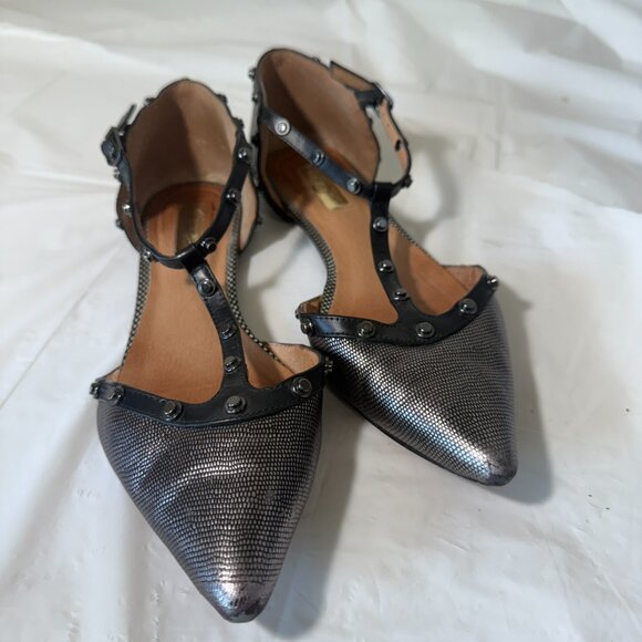 HALOGEN Olson Flats Women's 7 Studded T-Strap Black GREY Leather Edgy Workwear - Picture 2 of 15